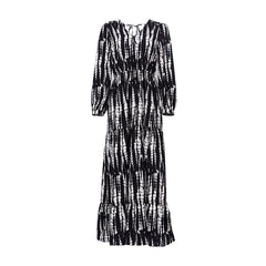 Vestido plisado de capas grandes con vuelo, estampado teñido anudado, cuello en V, sin espalda