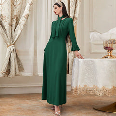 round Neck Long Sleeve High Waist Ruffles A line Dress Maxi Dress