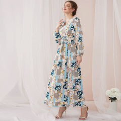 Süßes Maxikleid mit V-Ausschnitt, langen Ärmeln, Blumenmuster, hoher Taille, Schnürung und schmaler Passform