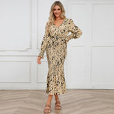 Slim Fit Elegant V Neck Belt Printed Dress Long Fish Tail Dress Popular