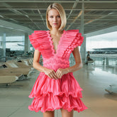 V neck Ruffled Flying Sleeves Vacation Tiered Dress