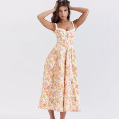 Vestido lencero floral sin espalda con abertura y largo medio para vacaciones