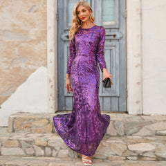 Vestido morado de lentejuelas, cuello redondo, largo, de noche, de manga larga