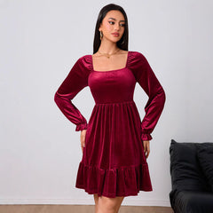 French Velvet Wine Red Dress Midi Dress