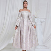 Tube Top off Shoulder Long Sleeve A line Dress Jacquard Cocktail Evening Dress