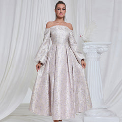 Vestido de cóctel de noche con cuello tubo, hombros descubiertos, manga larga, corte A, jacquard