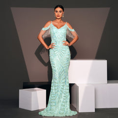 Strap Elegant V Neck Long Sequined Cocktail Fishtail Evening Dress Bridesmaid Dress