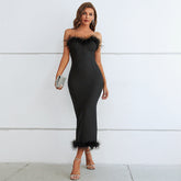 Light Luxury High End Elegant Tube Top Feather Dress Long Bandage One Piece