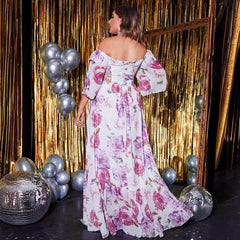 Plus Size Five Quarter Sleeve Waist Hollow Out Cutout Out Long Off Shoulder Chiffon Printed Dress
