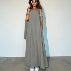 Loose Fitting Long Sleeves Shirt Vest Maxi Dress Two Piece Shirt Skirt Set