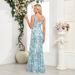 Double V neck Evening Dress Sequined Embroidered Floral Elegant Mermaid Party Maxi Dress