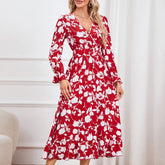 Dopamine Retro V Neck Printed Dress Large Swing Waist Dress
