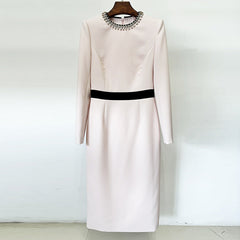 Socialite Simple Graceful Diamond Beaded Color Matching Long Sleeve Dress