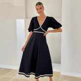 V neck Solid Color Stitching Lace Puff Sleeve Waist Tight Maxi Dress