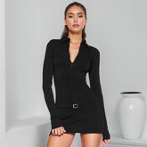 Collared Front Chest Zipper Metal Buckle Hip Wrapped Short Dress