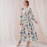 Sweet V-neck Long Sleeve Floral Print High Waist Lace up Slim Fit Fresh Maxi Dress