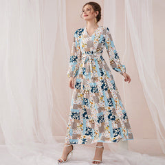 Süßes Maxikleid mit V-Ausschnitt, langen Ärmeln, Blumenmuster, hoher Taille, Schnürung und schmaler Passform