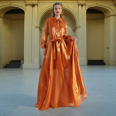 GracefulCasual Dress Polo Collar Gilding Glossy Waist Tight Maxi