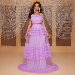 Vestido largo de encaje con tirantes, sin mangas, color pastel, con costuras multicapa, elegante