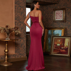 Sleeveless Off Neck Elegant Slim Fit Long Solid Color Cocktail Bridesmaid Dress