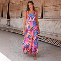 Wide Shoulder Strap Sleeveless Printed Swing Dress