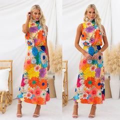 European Popular Vacation Printing Sleeveless Halter Waist Tight Maxi Dress