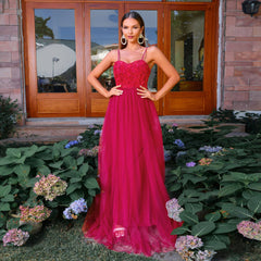 Vestido francés europeo con escote halter, costuras de malla, informal, para fiesta y noche