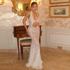 Elegant Lace Hollow Out Cutout out Halter Maxi Dress Backless Solid Color Dress