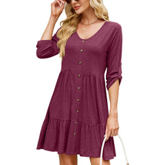 Solid Color round Neck Button Pleated Half Sleeve Dress