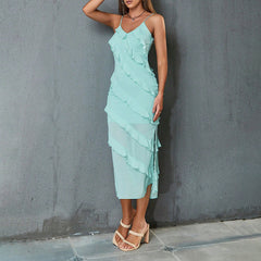 Vestido halter sin mangas con costuras semitransparentes y espalda descubierta