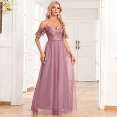 Elegant Off The Shoulder Strap Sleeve Double V Neck Tulle Stitching Embroidered Sequ A Swing Long Party Evening Dress