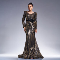High End Long Sleeved V neck Slim Fit Sheath Cocktail Sequined Fishtail Evening Dress Dress