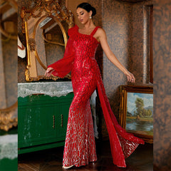Elegante vestido de cóctel de noche largo con lentejuelas, manga larga, cuello diagonal, sin espalda, ajustado para dama de honor