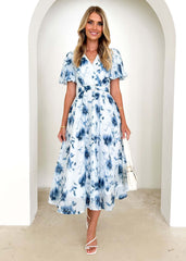 Popular Solid Color Short Sleeve Floral Dress