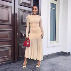 Elegant round Neck Long Sleeve Slim Fit Slimming Pleated Solid Color Maxi