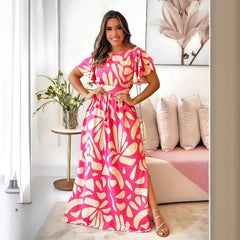 Casual Printed Dress Side Slit Stringy Selvedge Short Sleeve Maxi Dress