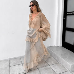 Khaki Batwing Sleeve Dress Sun Protective Blouse Maxi Dress for