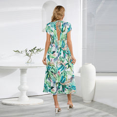 Fashionable Batwing Sleeve V neck Backless Lace up Dress Printed