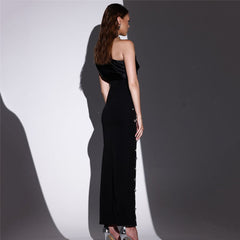 Oblique Shoulder Rhinestone Voile Bandage Dress Debutante Gala Dinner Dress