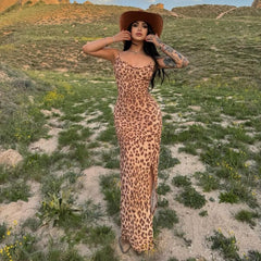 Leopard Print Sling Slim Fit Backless Split Dress