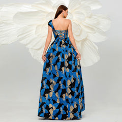 High End Sleeveless Elegant One Shoulder Diagonal Collar Cocktail Lace Up Evening Dress Bridesmaid Dress Large Swing