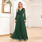Elegant V Neck Shiny Chiffon Evening Dress A line Sheer Long Sleeve Wedding Party Dress Bridesmaid