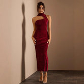 Texture Velvet Fabric Turtleneck Chest Hollowed Asymmetric Sleeveless Dress