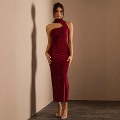 Texture Velvet Fabric Turtleneck Chest Hollowed Asymmetric Sleeveless Dress