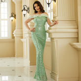 Vestido elegante largo sin mangas con lentejuelas y escote descubierta, vestido de dama de honor