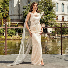 Simple V Neck Sequined Yarn Side Slit Dress