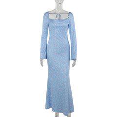 Fall Maxi Dress Elegant Slim Fit Small Horn Printed Sleeve