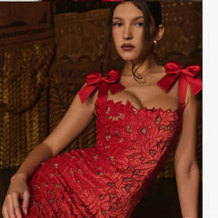 Entry Lux Bow High Sense Embroidered Hollow Out Cutout Sheath Dress