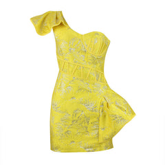 One Shoulder Jacquard Embroidered Dress Ladies Party Dress Short