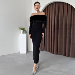 Maxi Dress Elegant off Shoulder Fur Collar Slim Fit